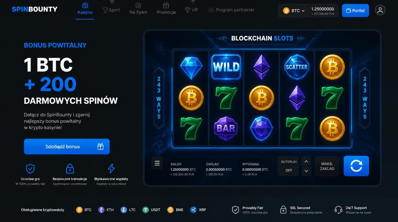 banner powitalny w Spinbounty Casino z ofertą 1 BTC i 200 darmowych spinów 