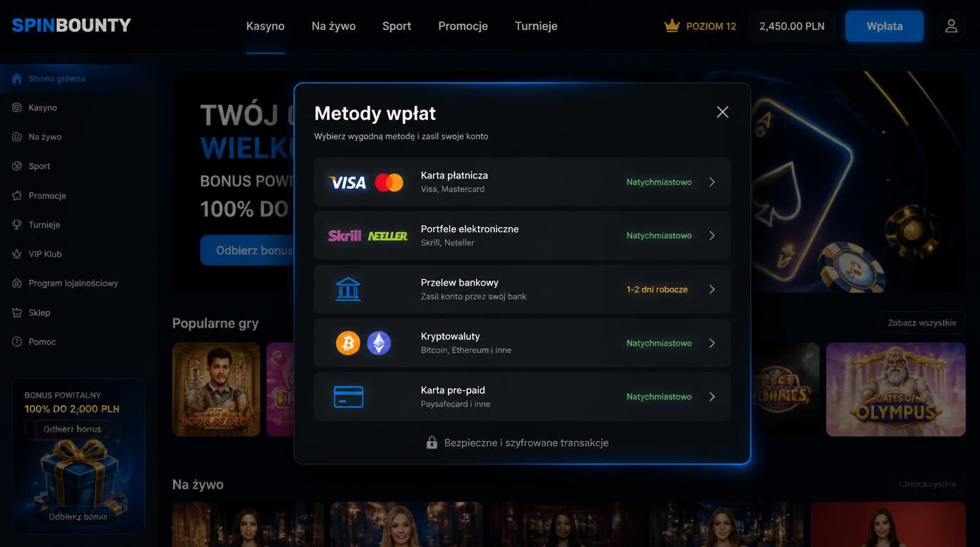 Ikony różnych metod płatności w kasynie Spinbounty prezentowane na jednym ekranie