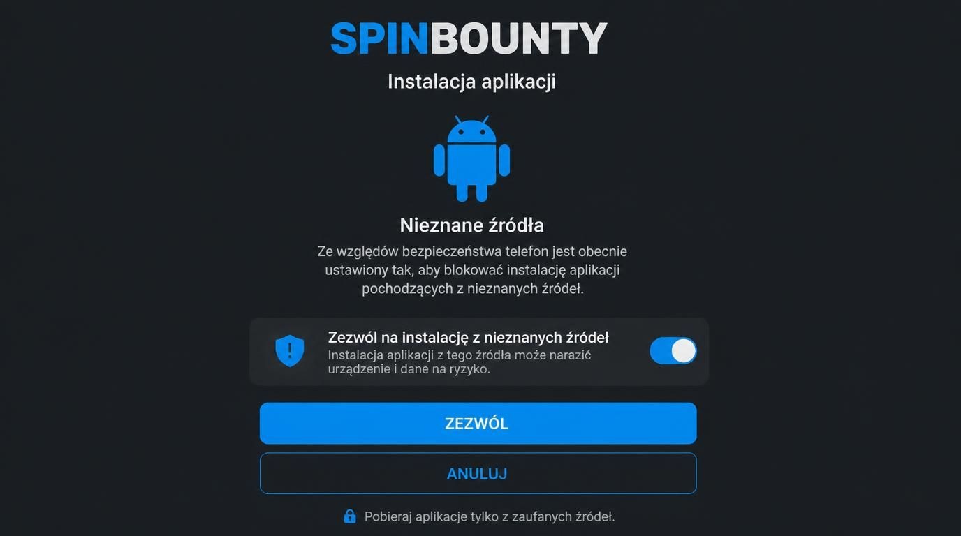 ekran instalacji Spinbounty na Androidzie z komunikatem Nieznane źródła