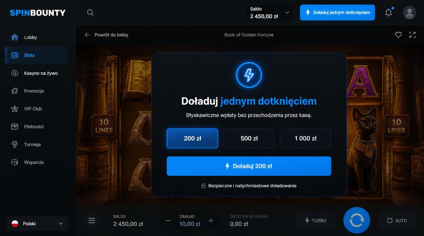 ekran One-Tap Deposit w Spinbounty – szybkie doładowanie salda