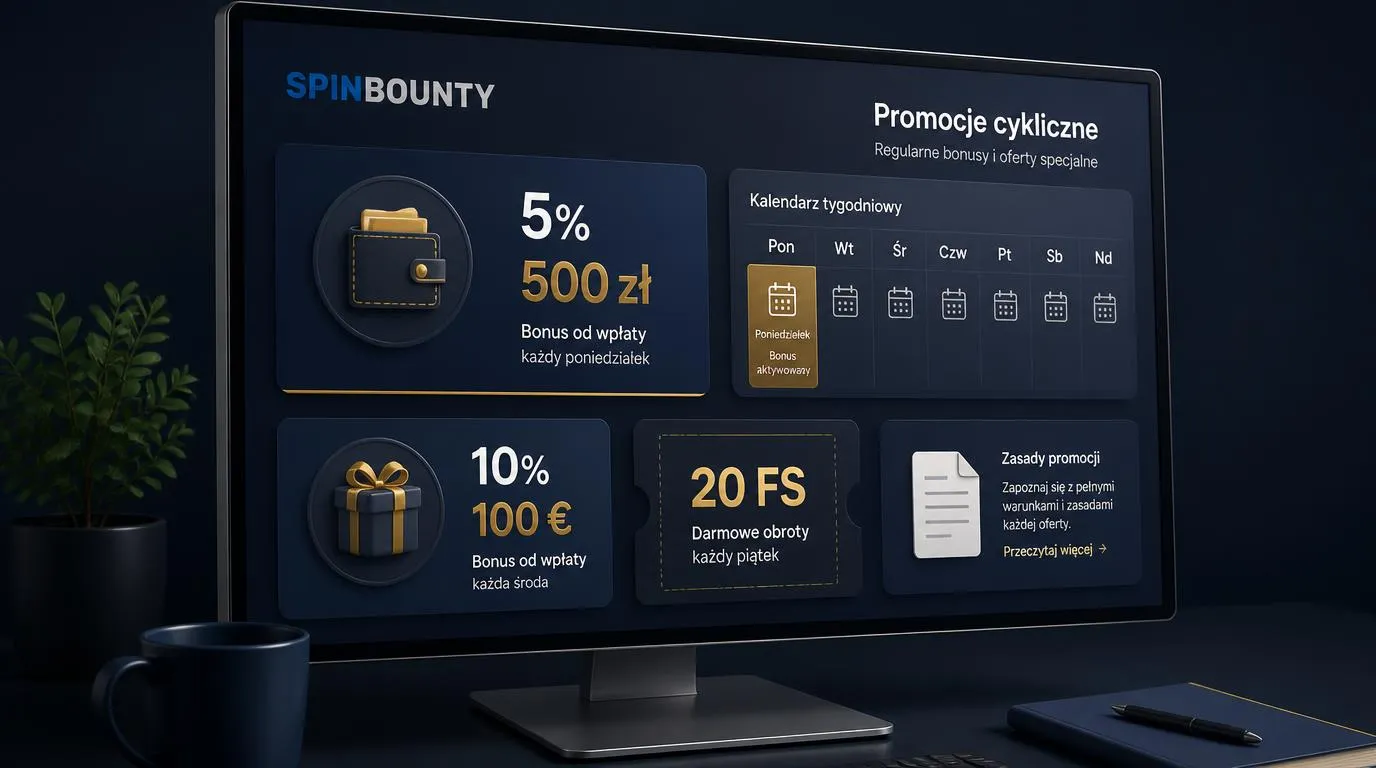 Panel promocji z cashbackiem 5% do 500 zł, poniedziałkowym kalendarzem i kartą cotygodniowych nagród
